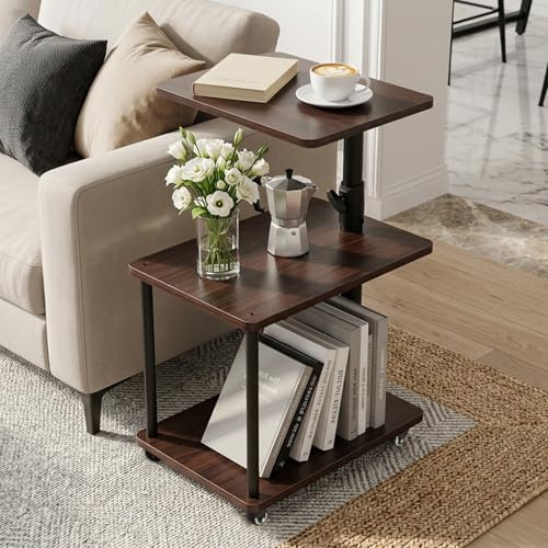 Bingyouth Beistelltisch auf Rollen mit Bremse, höhenverstellbar & 360° drehbar – Beistelltisch Couch/Side Table mit 3 Ablagen, stabilem Rohr, MDF Holzoptik, Schwarz-Walnuss