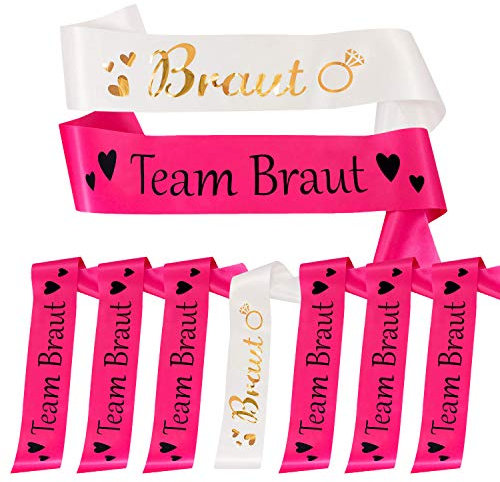 Oblique Unique® Braut + Team Braut Schärpe Set für Junggesellinnenabschied JGA Hen Party Hochzeit Accessoires in Pink Weiß mit Herzen und Diamant Ring