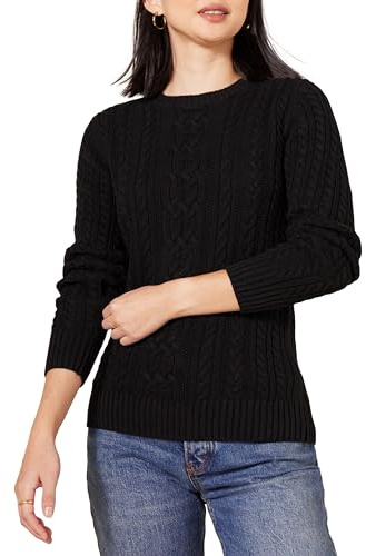 Amazon Essentials Women's Fisherman Cable Knit Long-Sleeve Crewneck Jumper (Available in Plus Size), Black, XS
