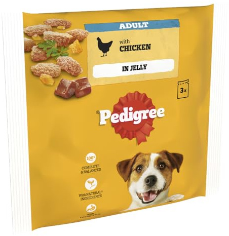 Pedigree Wet Dog Food for Adult Dogs 1+, with Chicken in Jelly, 3 x 100 g, transparent
