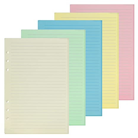 GOLRISEN 100 Stück A5-Papier, bunt, beweglich, perforiert, mit 6 Löchern, liniert, 28 Linien à 21 x 14,2 cm, für Schüler, Lehrer, Büro, Schule (weiß, grün, blau, rosa, gelb)