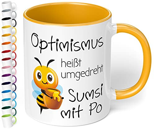 Lustige Tasse Optimismus heißt umgedreht sumsi mit po - Motivationstasse - Kaffeetasse mit Spruch als Geschenk | Geburtstag, Weihnachten | - beidseitig bedruckt - spülmaschinenfest, innen Goldgelb