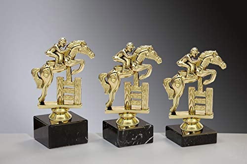 Henecka 🐴 Reitsport Pokal Springreiten Trophäe Schraubfigur Springreiter Gold, Marmorsockel schwarz, mit Wunschgravur, wählbar in 3 Größen oder als 3er-Serie