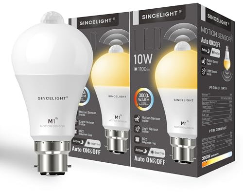 SINCELIGHT Motion Sensor LED Bulb with B22 Cap, Detects Human Movement, Automatic ON/Off in Darkness, 10W GLS Bulb with PIR Sensor and Light Sensor, Security Light Bulb, 60 Seconds Delay, Pack of 2