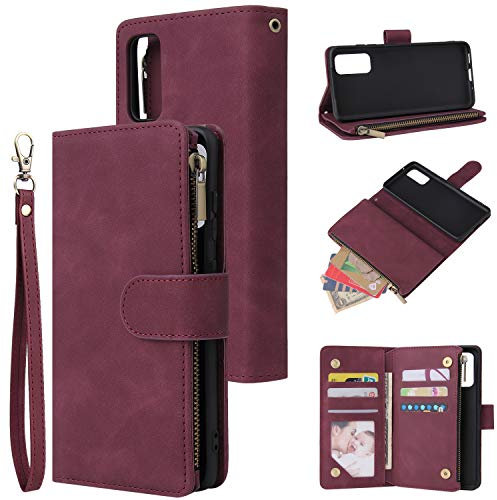 QLTYPRI Hülle für Samsung Galaxy S20 Plus, Premium Leder Handyhülle mit Große Kapazität 6 Kartenfach & 1 Reißverschluss Tasche Ständer Schutzhülle für Samsung Galaxy S20 Plus - Rot