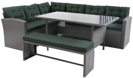 Salon de Jardin d'Angle MOOREA 8 Personnes Résine Tressée Gris | 1 Table Verre Trempé, 2 Canapés et 1 Banc, Coussins Vert Déhoussables Zip