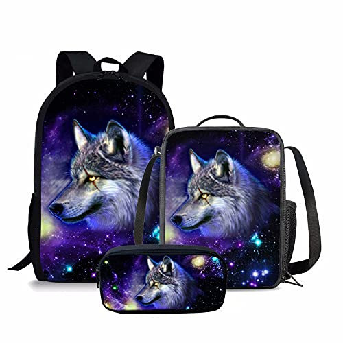NETILGEN Kids Galaxy Wolf Rucksack-Set 3-teilige Schulranzen für Jungen und Teens mit coolen Tierwolf Lunch-Thermoboxen und Stiftehalterboxen