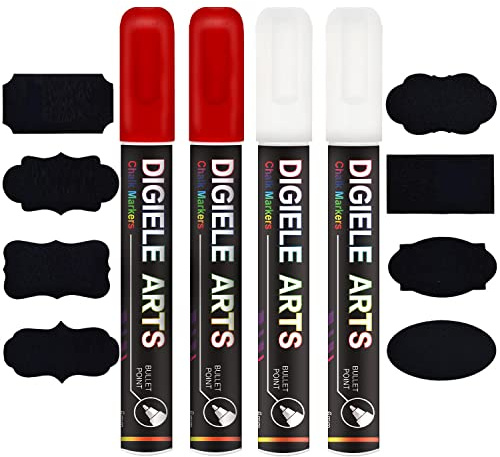 DIGIELE Liquid Chalk Marker Pens White + Red, 2pcs White Chalk Pens + 2pcs Red Markers, 6mm Dry or Wet Wipe Erase, Thin & Medium Reversible Bullet or Chisel Tip, 4 Pens & 16 Chalkboard Labels Packed