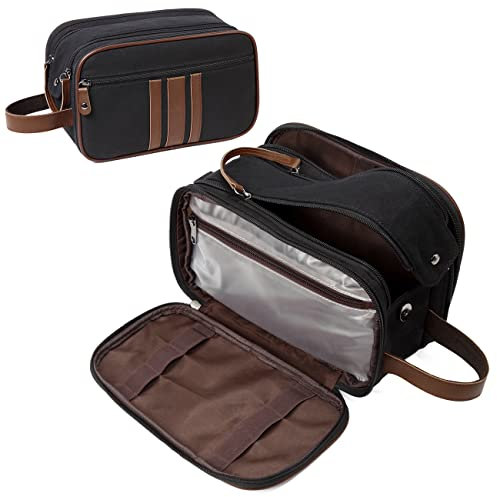 Trousse de Toilette Homme Voyage, Kasgo Grande Trousse Toilette Femme en Toile Imperméable Rétro avec 3 Compartiments Trousse Maquillage Kit Rasage Dopp Noir