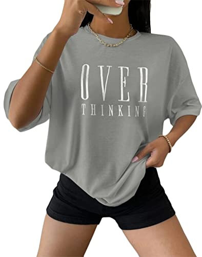 Tomwell Damen Tshirt Kurzarm Sommer Oberteile Oversized T-Shirt mit Buchstaben Druck Lose Rundhals Sport Shirt Teenager Mädchen Top Tunika Lang A Hellgrau M