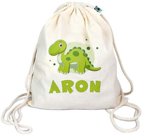Bio Turnbeutel mit Namen personalisiert | Motiv Dinosaurier Brachiosaurus | Schuhbeutel Sportbeutel Wäschebeutel Rucksack für Kinder Jungen & Mädchen | grün