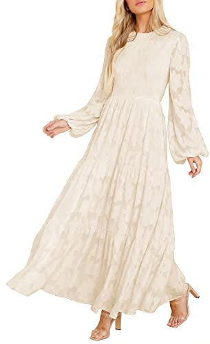 MITILLY Women's Elegant Floral Long Sleeve Round Neck Smocked A-Line Flowy Tiered Maxi Dress with Pockets, Beige, L