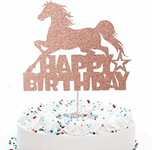 Rose Gold Glitter Horse Happy Birthday Cake Topper, Racing Party Decor Decoration for Boy or Girl Baby Shower Party Supplies