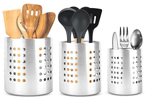 KSJONE 3 Pcs Stainless Steel Kitchen Cutlery Holder Utensil Organizer Flatware Caddy Drainer, Cooking Utensil & Gadgets Holder, Kitchen Caddy Spoons & Forks Organizer Kitchen Accessory (Holes Shape)