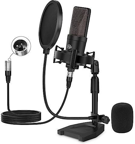 iQlQPQ XLR Microphone Professional Cardioid Gaming Mic Kit with Desktop Stand,Shock Mount,Pop Filter,PC Computer Studio Condenser Microphone for Podcast Recording,Streaming,Voice Over,ASMR,YouTube