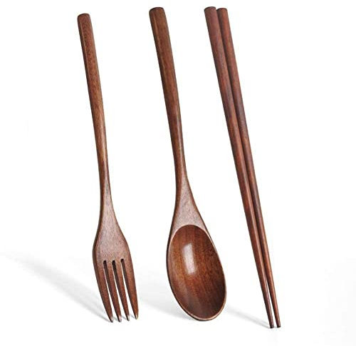 Vajilla de madera coreana creativa cuchara de madera 3 piezas/juego de vajilla de mango largo de madera para parejas, palillos portátiles