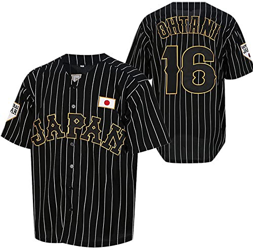 Ohtani 16# Herren Japan Baseball Trikots Weiß Schwarz Nadelstreifen, Schwarz, XL