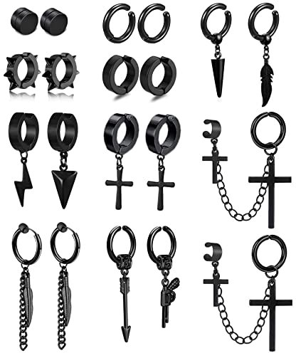 20 Stücke Magnet Ohrstecker Edelstahl Clip Ohrringe Set - Kreuz Feder Anhänger, Fake Ohrringe Für Herren, Schwarz