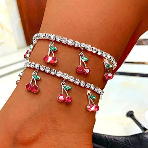 Wendalern Bracelet De Cheville Tennis Chaîne En Strass Dainty Crystal Cherry Ankle Chain Boho Diamond Fruit Pendentif Anklet Beach Wedding Foot Jewelry For Women Girls