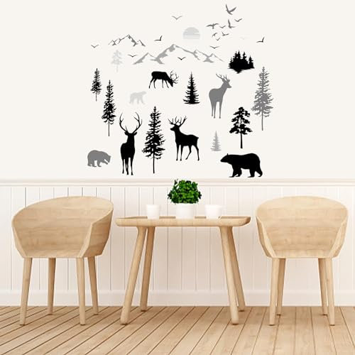 PLIGREAT 35 Stück Wald Tiere Wandtattoo Schwarz-Weiß Landschaft Malerei Wand Art Decor Abnehmbare Hirsch Bäume Berge Wandtattoos Für Wohnzimmer Schlafzimmer Fenster Dekoration