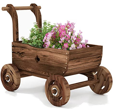 RELAX4LIFE Brouette Décorative en Bois de Sapin, Brouette 4 Roues avec Poignée, Support de Pot avec Trou de Drainage pour Patio Jardin Balcon, Charge 20 KG, 68 X38,5X53,5 CM