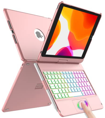 Étui pour clavier iPad 10.2 pour iPad 9e gén 2021,Coque rigide rabattable à 360°avec clavier Bluetooth sans fil avec 7 rétroéclairages,mise en veille/réveil automatique pour iPad 9/8/7e (Rosa)