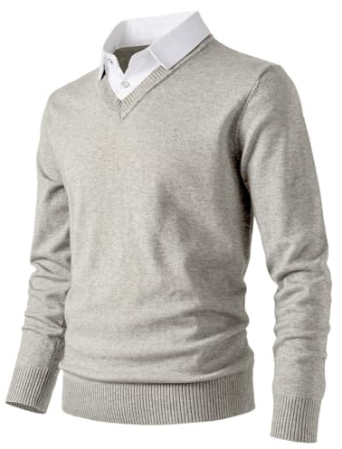 Herothorn Men's Knit Sweater Fashion Pullover Soft Touch V-Neck Sweatshirt Top with Plaid or White Mock Shirt Collar