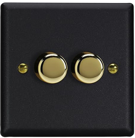 Varilight Double V-Pro Multiway Dimmer 2 x 120W LED - Vogue Matt Black With Polished Brass Knob