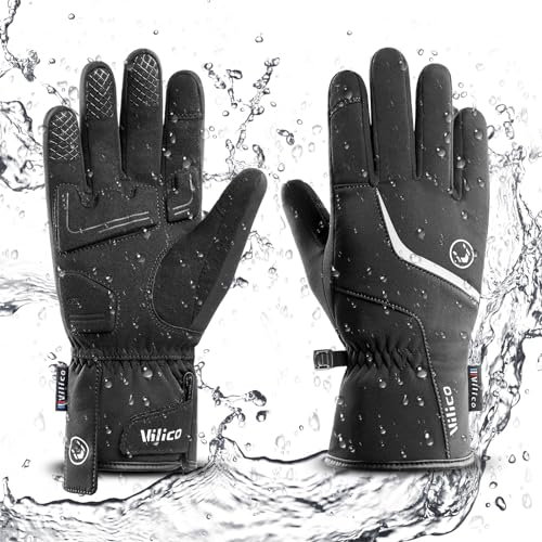 Vilico Winterhandschuhe Männer, Fahrrad Winterhandschuhe Damen Warm, Winddicht Stoßdämpfung, Anti-Rutsch, Touchscreen, Winter Wärme Handschuhe