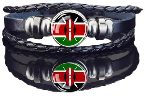 CECE&COLE Kenya Flag Bracelet - Country Flag Bracelets Men Women Adjustable National Flag Glass Dome Black Leather Charm Bangles Punk Accessory Jewelry,As Shown,Adjustable