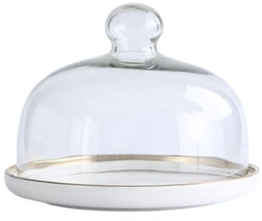 BURLOE Cloche à gâteau en céramique - Plateau à gâteau en verre - Cloche à gâteau - Présentoir à gâteau - Couvercle alimentaire - Pour mariage, anniversaire, fête, blanc, taille S