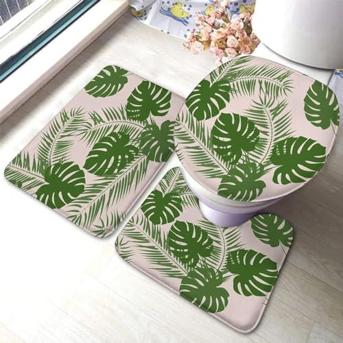 Set 3 Teilig Badvorleger Monstera Blatt Illustration Mit Palmenlaub, Exotische Komposition Teppich Waschbar Badgarnitur Badematten, Für Wohnzimmer, Wc-Sitz Bezug