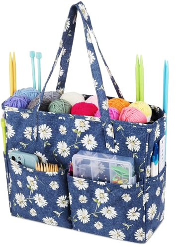 Aeelike Blaue Gänseblümchen Stricktasche für Unterwegs 35,5x30x12,5cm, Tragbare Aufbewahrungstasche für Wolle, Häkelnadeln, Zubehör, Stricknadeln Aufbewahrung, Handarbeitstasche für Stricken, Häkeln