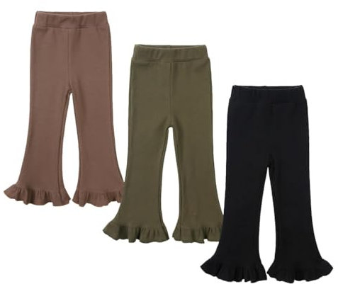 3 Pack Toddler Baby Girl Pants Ribbed Bell Bottom Flare Pants with Ruffle Elastic Trousers Waist Leggings Toddler Yoga Pants Cotton Toddler Yoga Pants Floral Flare Pants Toddler