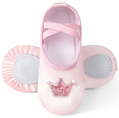 Comfyouth Chaussures de ballet pour fille - En satin - Avec couronne brillante - Semelle divisée - Chaussures de danse - Pour enfants - Pas de cravate