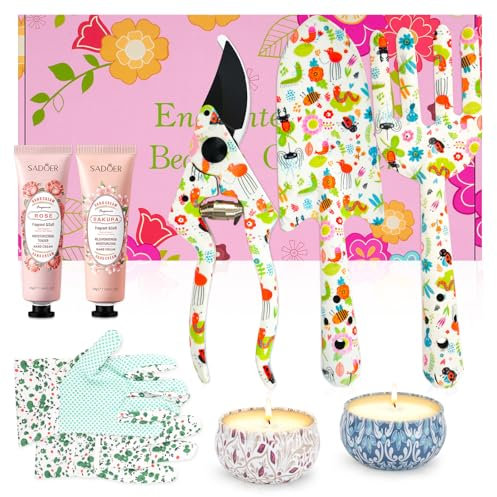 Gardening Gifts For Women, Gardening Hand Tool Kits, Including Trowel, Fork, Scissor, 2 Candles and Gloves Gardening Gift Ideas for Women, Mothers Day, 30 40 50 60 Birthday Gifts for Mum, White