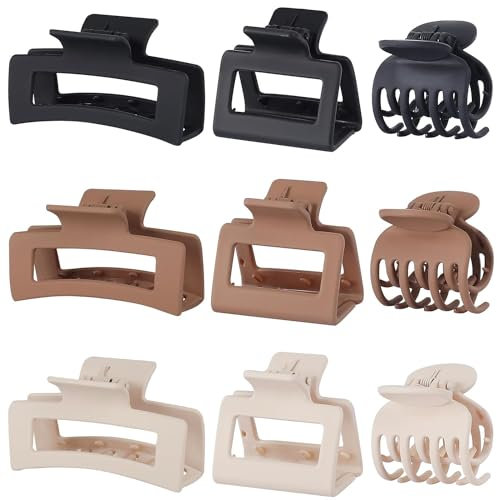 Lot de 9 pinces à cheveux rectangulaires moyennes pour femme - 3 styles - Pinces à cheveux carrées pour cheveux épais - Accessoires de cheveux fins pour femme (C1)