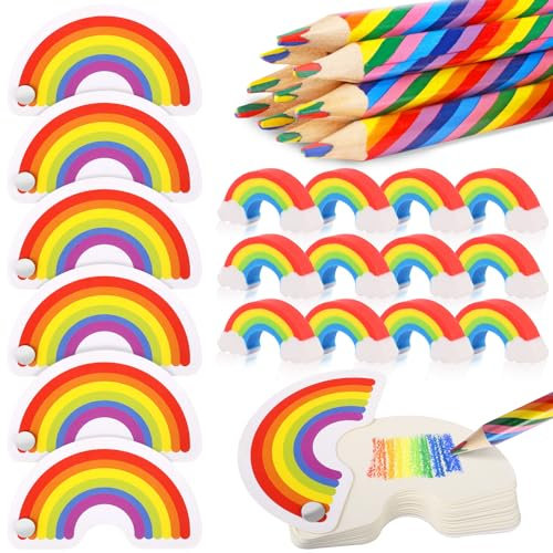 Dncvb 30 Stück Regenbogen Stifte Set,12 Regenbogen Buntstifte 12 Regenbogen Radiergummis 6 Mini Regenbogen Form Notizblöcke Kinder Farbstifte für Kunst Zeichnung,Kindergeburtstag Gastgeschenke