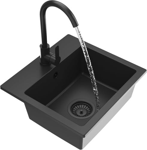 Spülbecken 44,5x41,5 cm mit Siphon - Granitspüle mit Zwei Löchern - Waschbecken für Küche mit Küchenarmatur - Einbauspüle Milos - Tiefschwarz (auch Schwarz Siphon) - Granitan