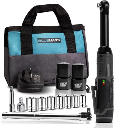 BLUEMARS Cordless Ratchet Wrench Set, 3/8 Ratchet w/ 7 Sockets, Extension Bar & 1/4 Drive Adapter, 25cm Breaker Bar,12V Powered Ratchet Wrench 50N.m w/ 2Pcs 2.0Ah Lithium-Ion Battery, Storage Bag