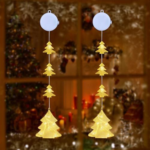 Qedertek Weihnachtsbeleuchtung Fenster Innen, 2 Stück Christbaum Fenster Beleuchtet mit Batteriebetriebene, Timer, 2 Modi, Warmweiß LED Lichtervorhang für Kinderzimmer Hochzeit Party Weihnachten Deko