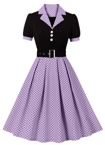 Odizli Rockabilly Audrey Hepburn - Abito da donna a maniche corte con scollo a V, stile vintage anni '50, Lilla, M