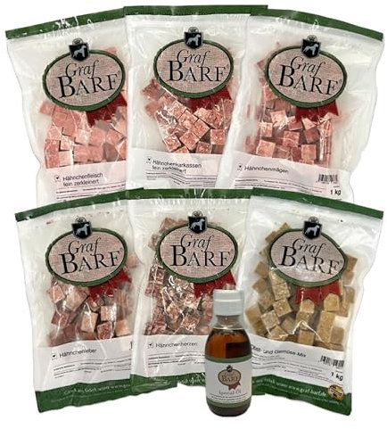Graf Barf Vorteilspaket vom Hähnchen/Huhn (5xMuskelfleisch fein zerkl. 1kg, 1xKarkassen fein zerkl. 1kg, 1xLeber 1kg, 1xHerzen 1kg, 1xMägen 1kg, 1xObst-&Gemüse-Mix 1kg, 1xSpezial Öl 200ml)-10kg