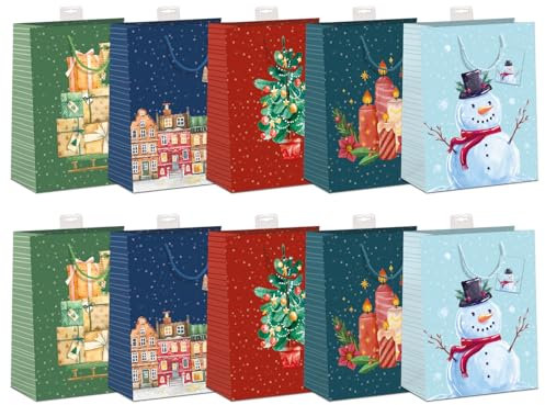 Geschenktaschen Weihnachten 10 Stück | edle Geschenktüten Papier Tragetasche | DIN A4 Geschenkbeutel mit farbiger Kordel und Namenskarte | Weihnachtstüten Large 26x32x12cm | Skorpion Papeterie