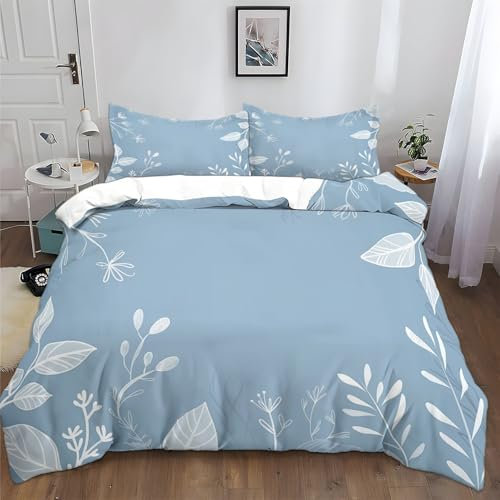 XCQHZYQ Bettbezug Set 180x200 cm Hellblaue Handbemalte Blätter 3 Teilig Bettwäsche Bettbezüge Polyester Baumwolle Bettbezug mit Reißverschluss und 2 Kissenbezug 80x80 cm