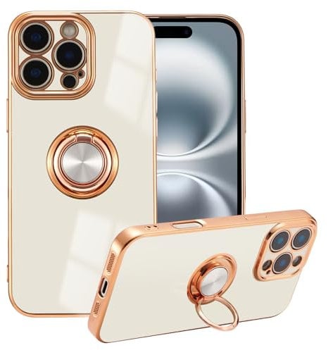 EYZUTAK Electroplated Magnetic Ring Holder Case for iPhone 16 Pro, 360 Degree Rotation Metal Anti-fall Finger Ring Kickstand Magnet Car Holder Slim Soft Silicone Shockproof Cover - White