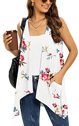 Wiwclo Women's Floral Kimono Cardigan Vest Sleeveless Lightweight Summer Open Front Cardigan for Women with Pockets Knit Casual Work Drape Duster,M