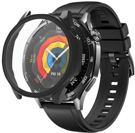 Hard PC Hülle mit Glas Displayschutz für Huawei Watch GT 5 41mm 46mm, Vollständige Abdeckung Schutzhülle Ultradünne Kratzfest Schutz Case (Schwarz, GT5 46mm)