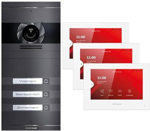 Metzler VDM10 2.0 Video Sprechanlage Komplett Set mit austauschbarem Namensschild - Anschluss 2-Draht - Türsprechanlage mit HD-Kamera & Bildschirm für 3 Familienhaus, in Eisenglimmer aus V2A Edelstahl