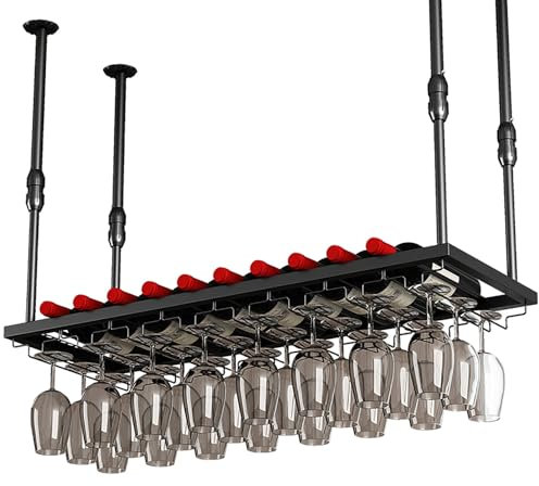 Decke Weinglasregal, hängende Weinregal mit Glashalter, verstellbare industrielle schwarzem Metall hängenden Weinflaschenhalter für Bar Küche(120x30cm/47x12in)